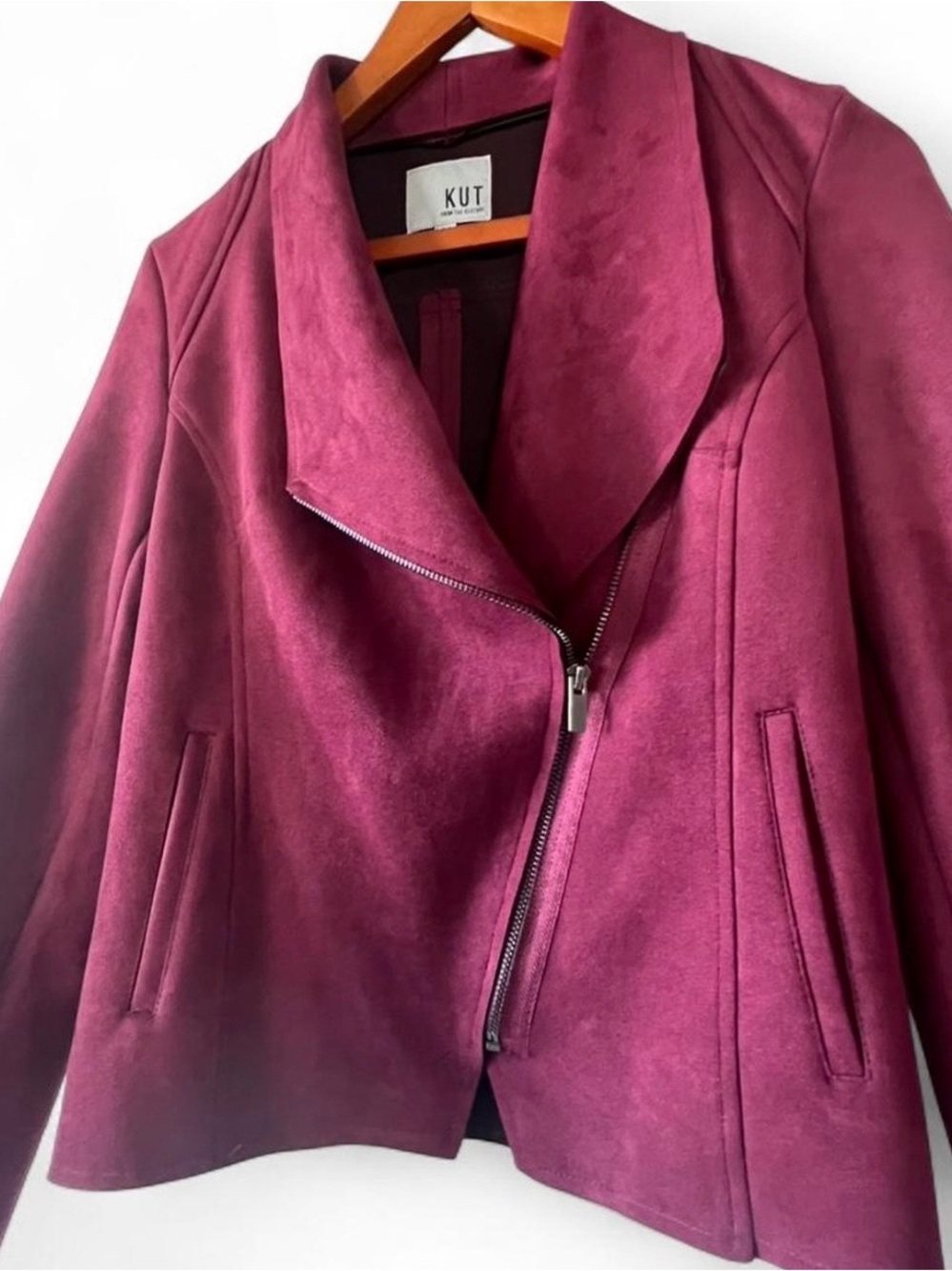 NWOT KUT From The Kloth Carina Faux Suede Drape Moto Jacket XS Wine